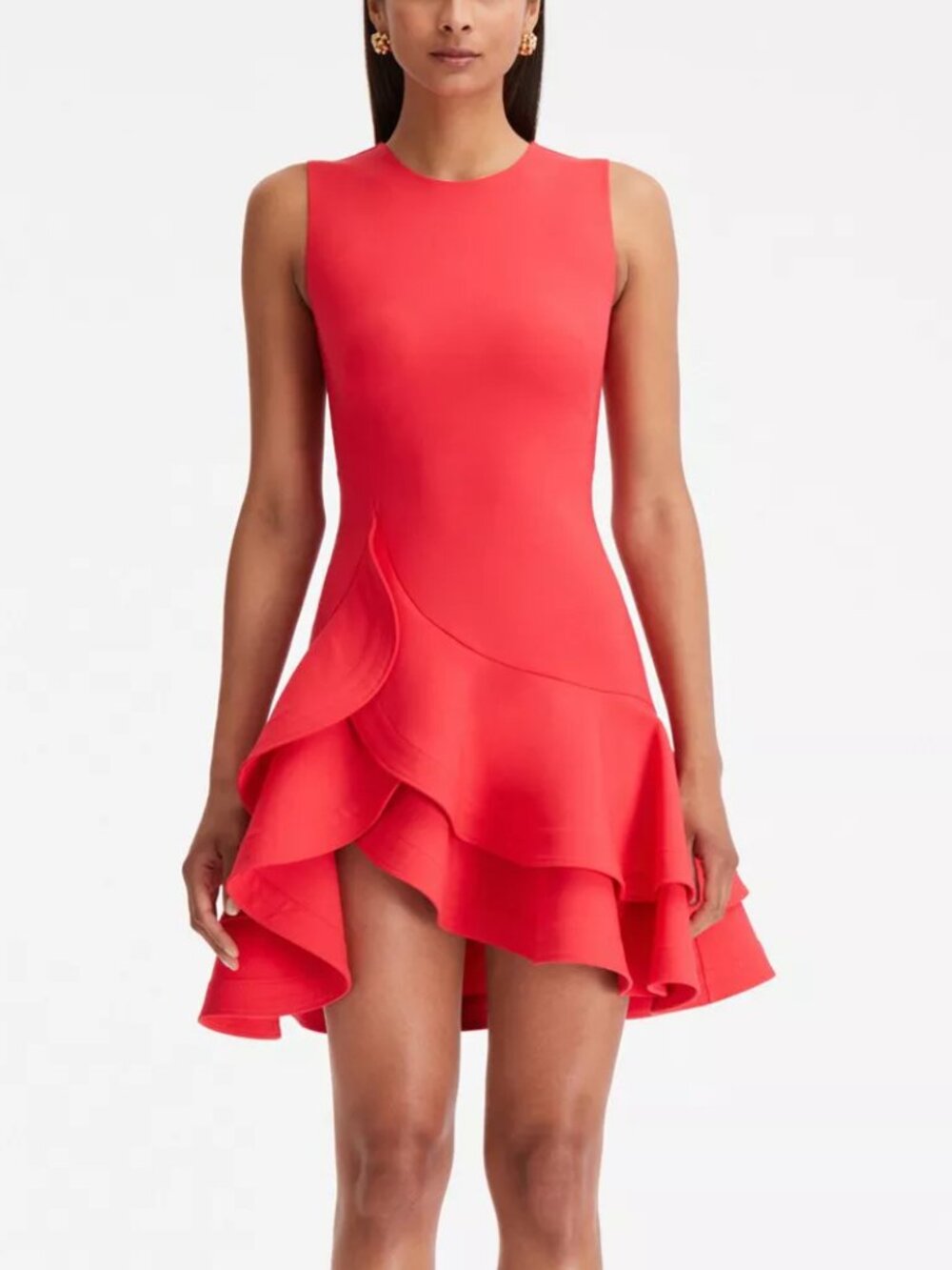 Oscar de la Renta PS24 Cerise Wool Crepe Sleeveless Tiered Ruffle Dress